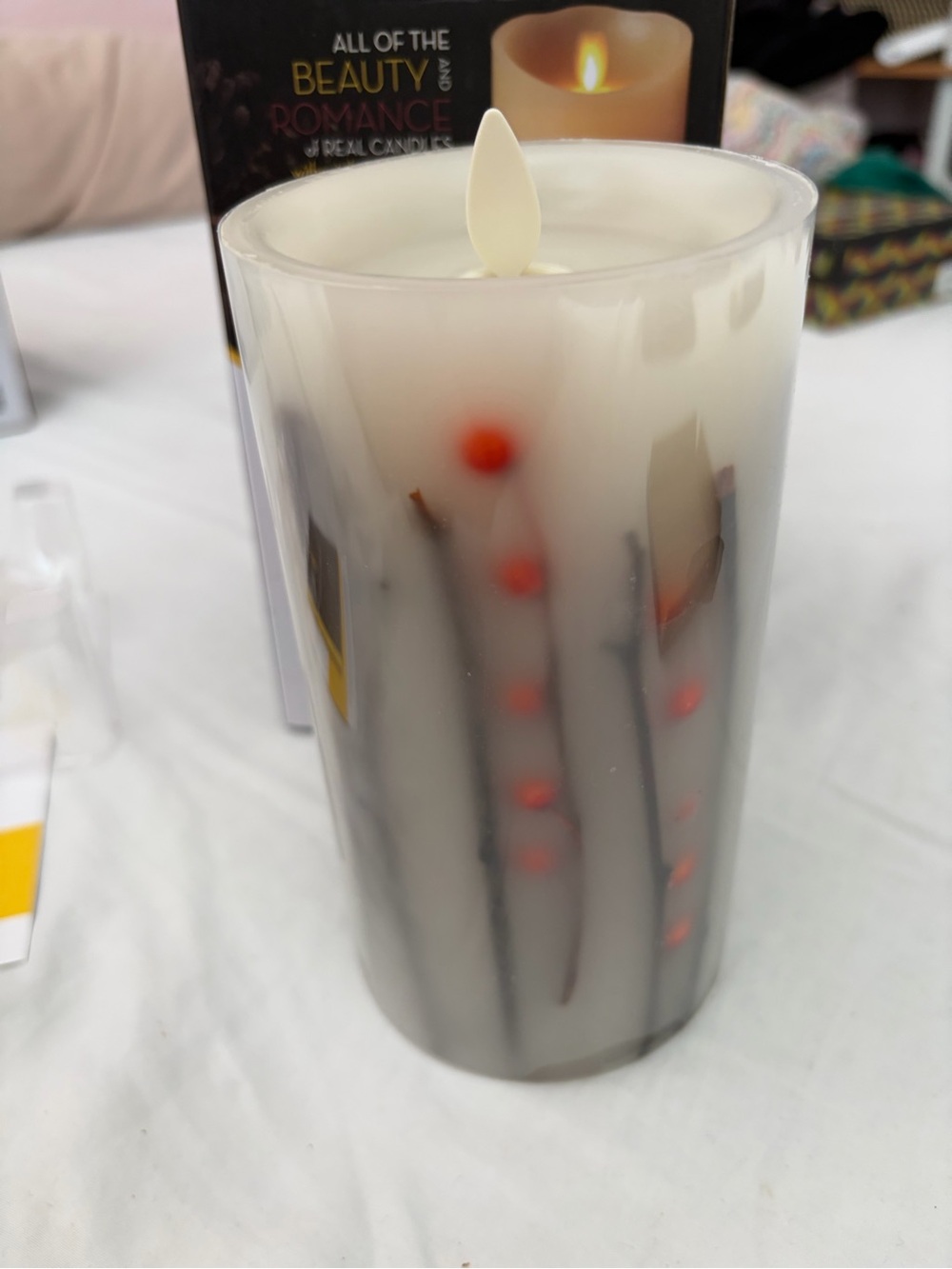 LED Decorative Pillar Candle with Autumn Berries - White